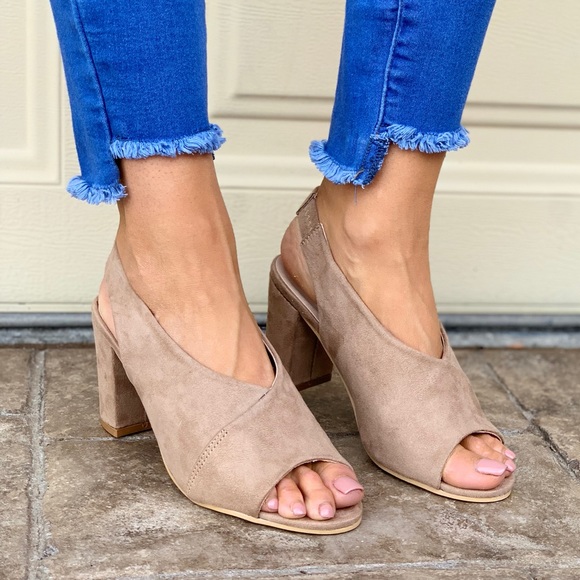 Beige Peep toe Chunky Heeled Slingback Mule Sandal - Picture 2 of 4